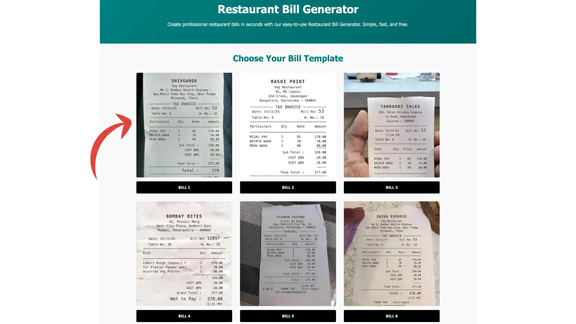 Screenshot showing how to select a bill template