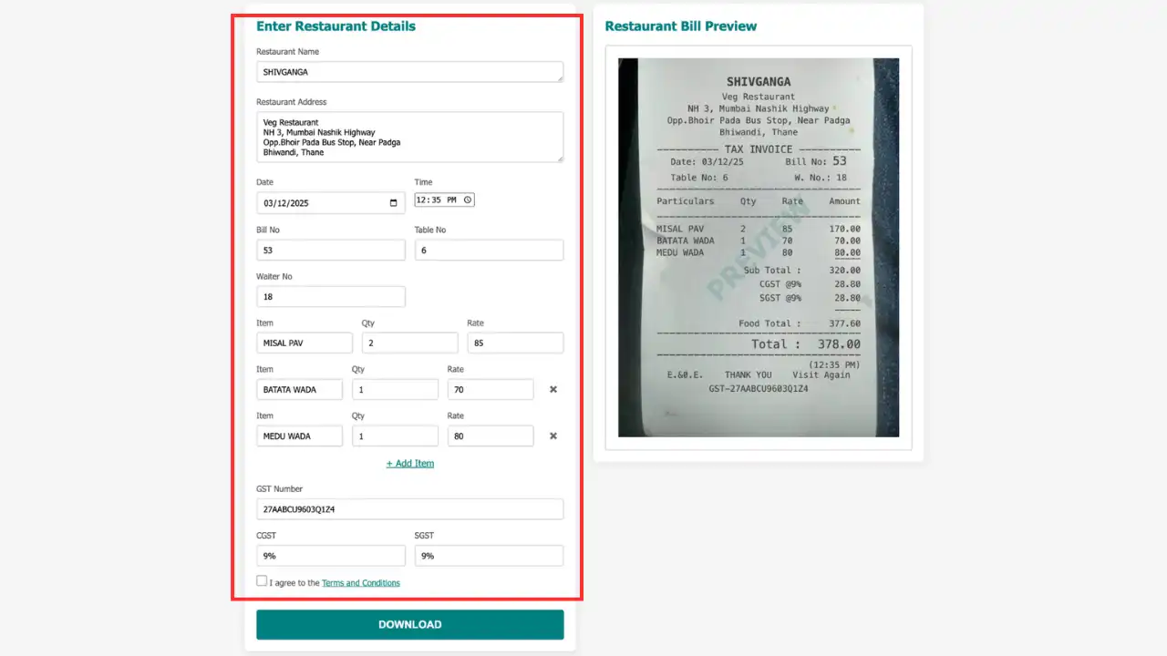 Screenshot showing restaurant details editing form