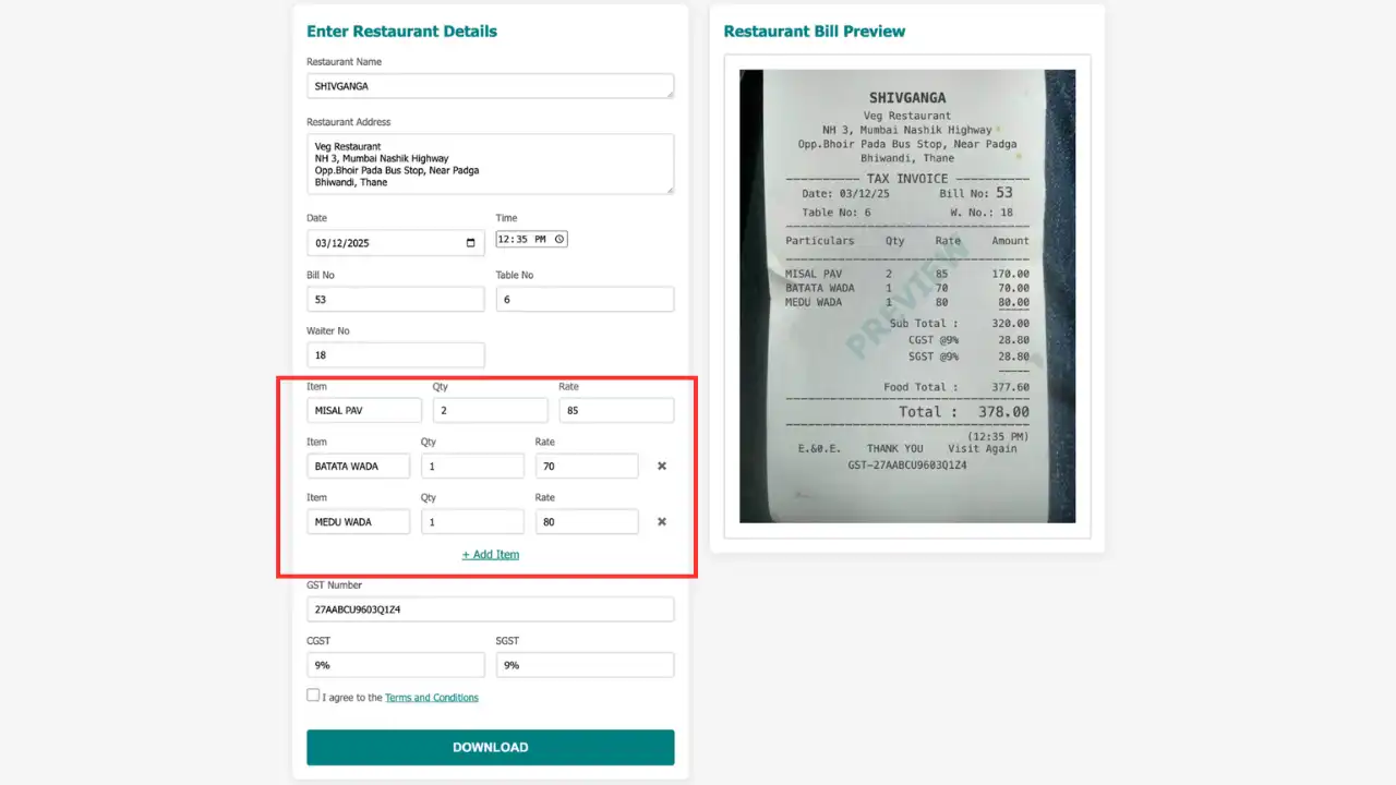 Screenshot showing food items editing interface