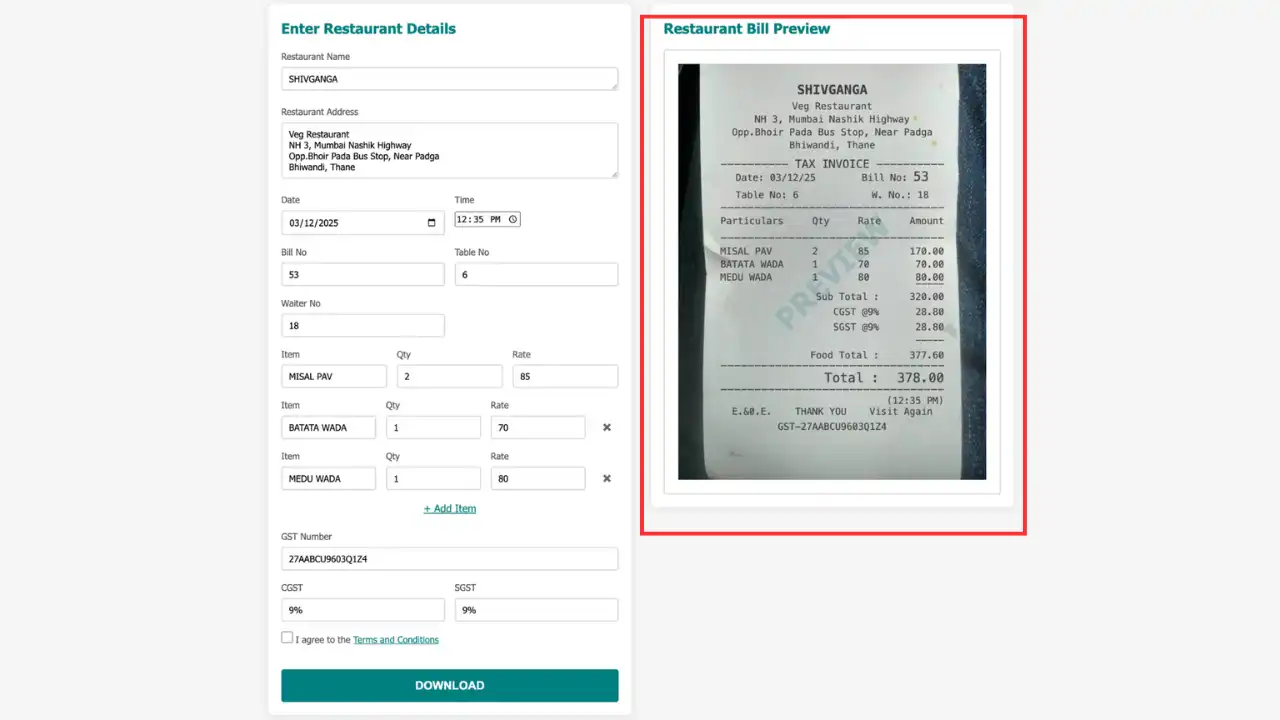 Screenshot showing bill preview